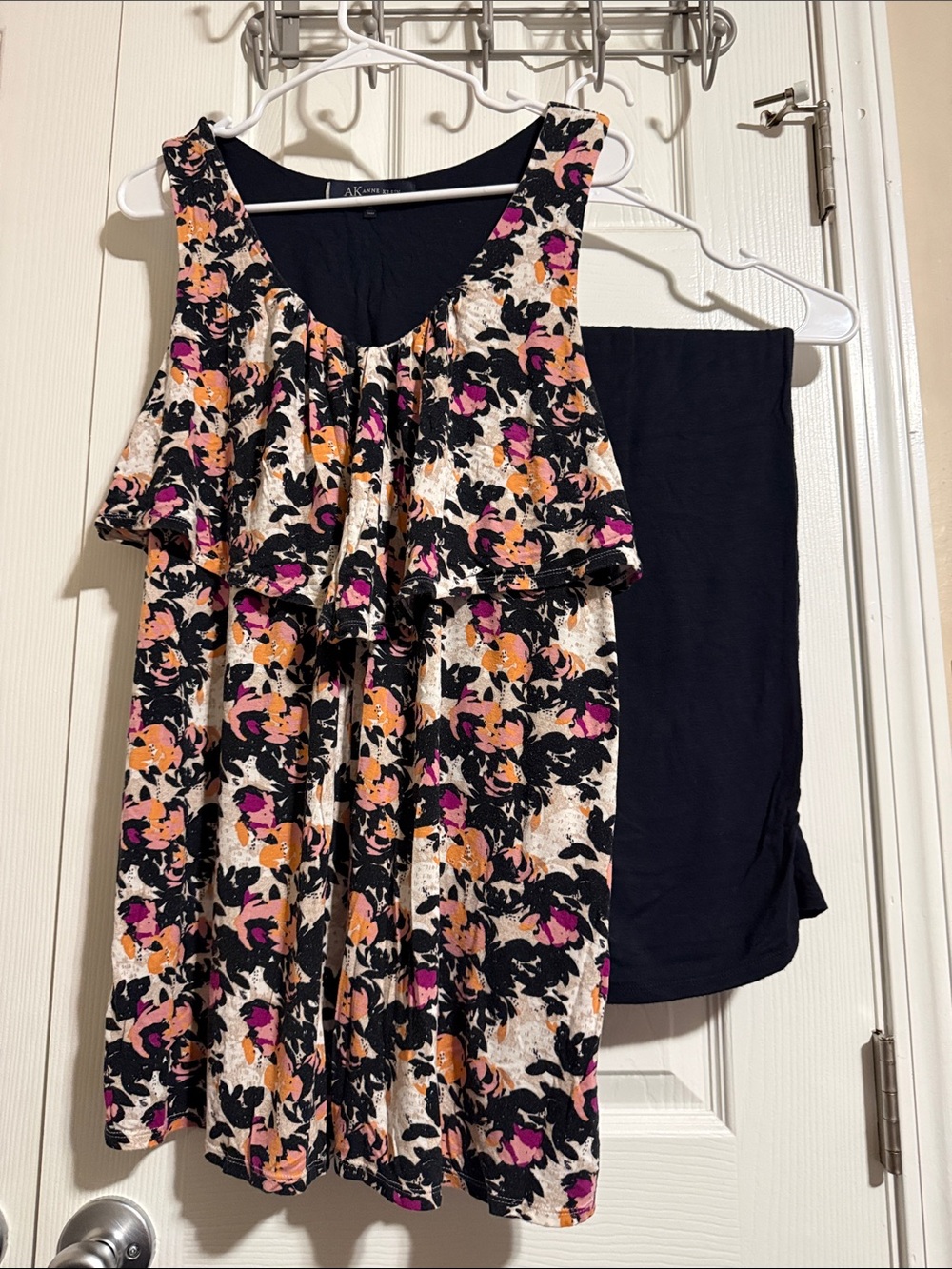 Anne Klein Black Floral Print Pajama Set with Pink & Orange Accents - Size XL